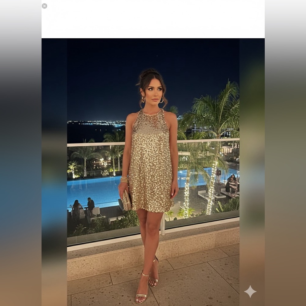 GUESS Gold Sequin Mini Dress Size XS Shimmering Cocktail Party Resort Glam
